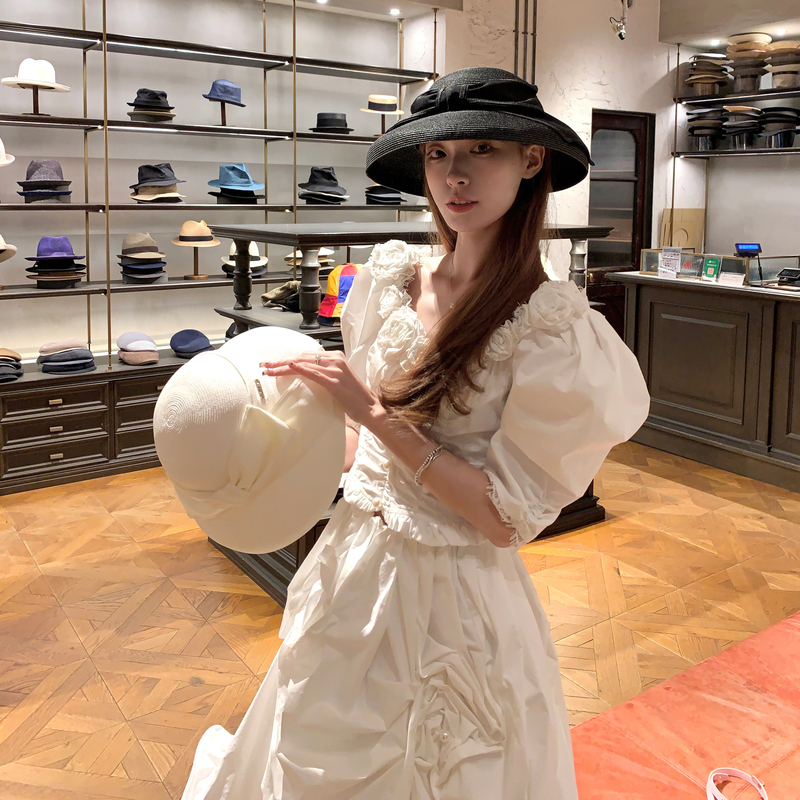 SourceWithU 5.8京都贵女 纯棉重工手作浮雕玫瑰冰川棉上衣半裙