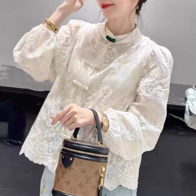 新中式国风衬衫上衣夏款防晒好看轻奢高级感蕾丝衫2025新款 2219