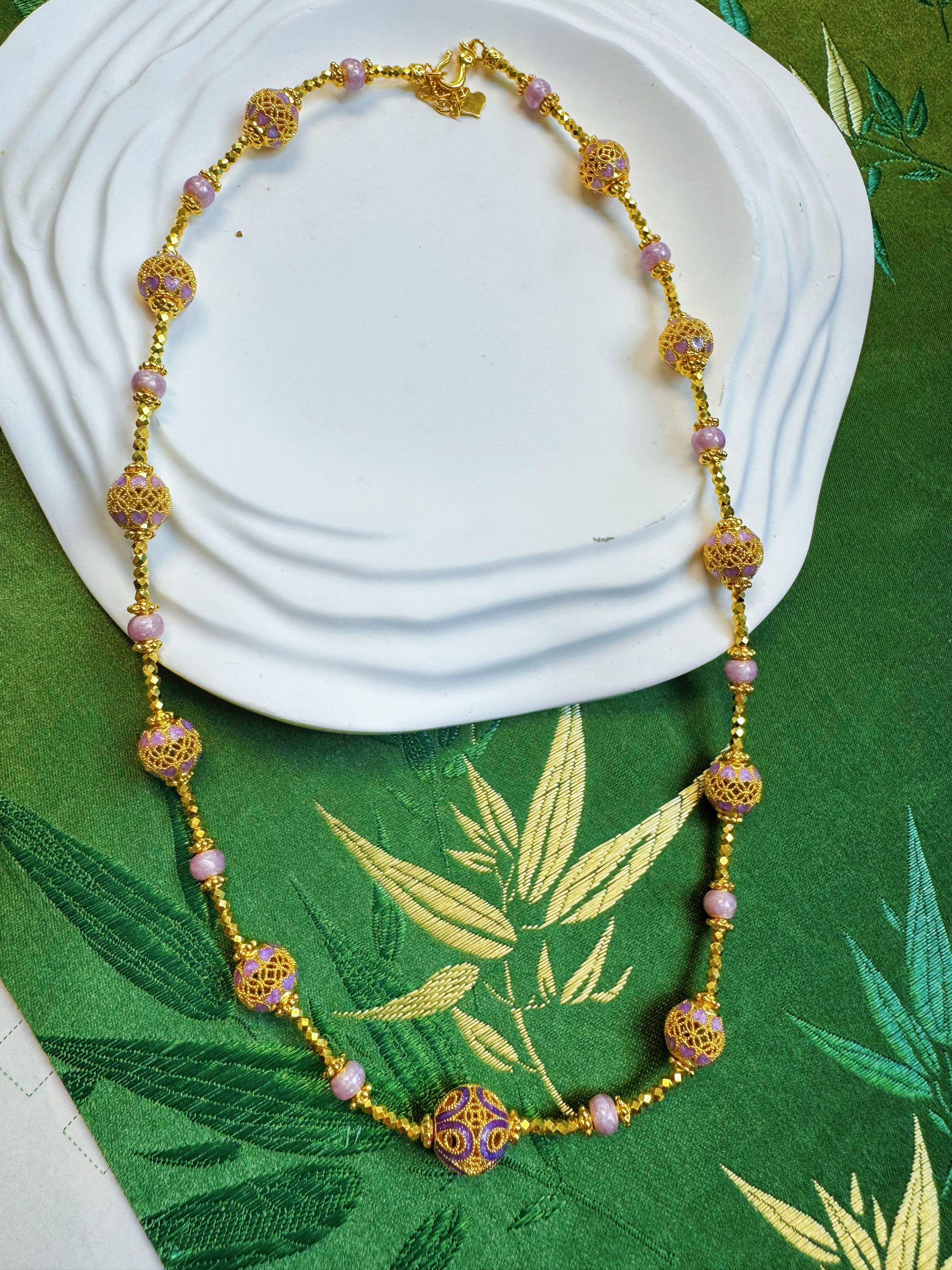 足金999珐琅彩花丝珠精美项链