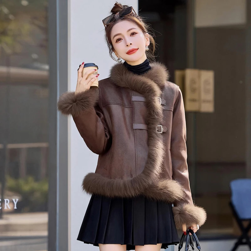 欧货2025年冬季女年轻款毛毛高端白鸭绒外套机车皮毛一体羽绒服