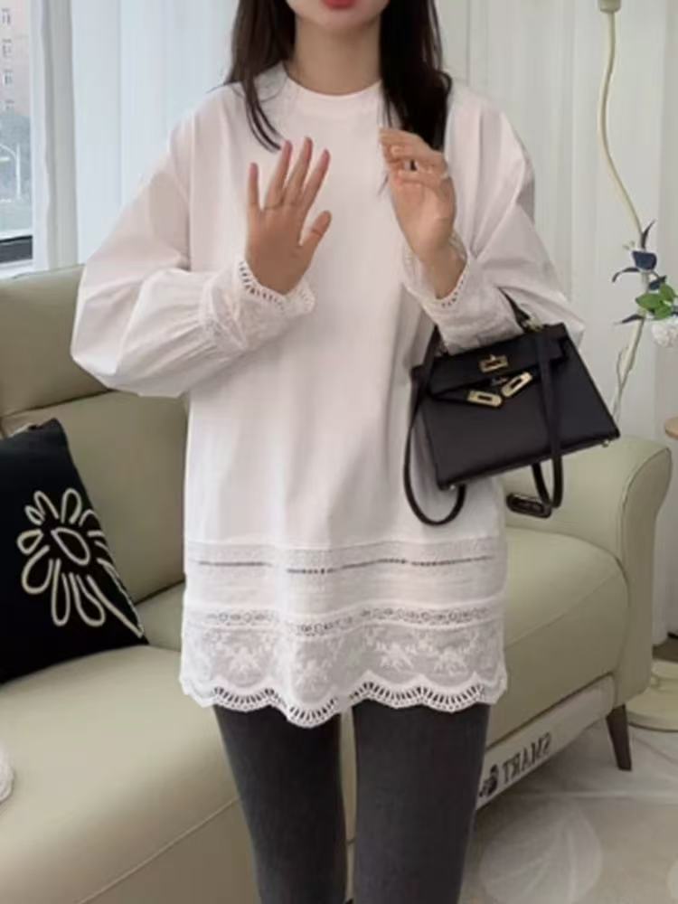 小雅姐姐  韩系蕾丝拼接内搭叠穿休闲圆领长袖打底T恤衫IL28