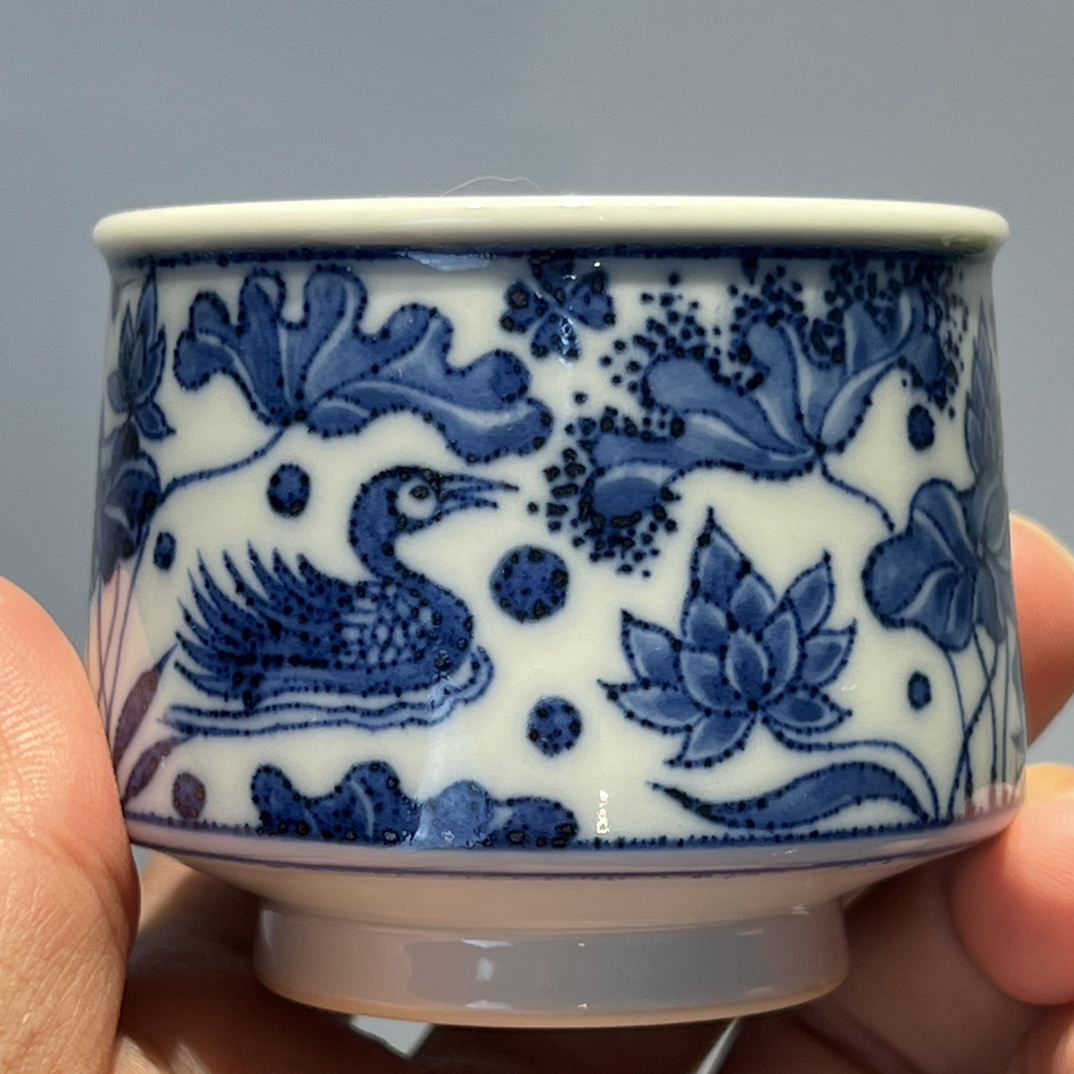青花莲塘釉下青景德镇马蹄手绘主人杯缠枝茶杯花纹品茗杯茶具陶瓷