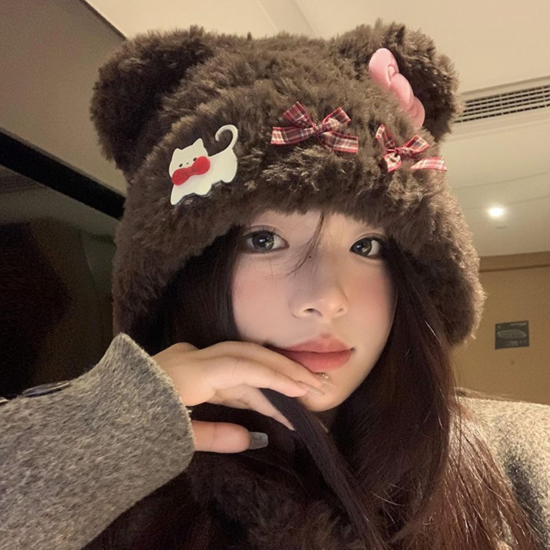 小熊蝴蝶结帽子女秋冬季2025新款可爱保暖护耳朵显脸小毛绒针织帽