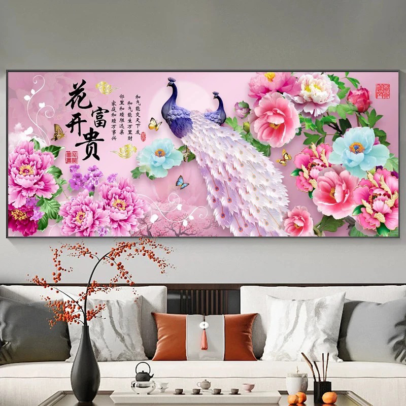 1.5中格纯手工绣好的十字绣成品0481花开富贵粉孔雀粉牡丹装饰画