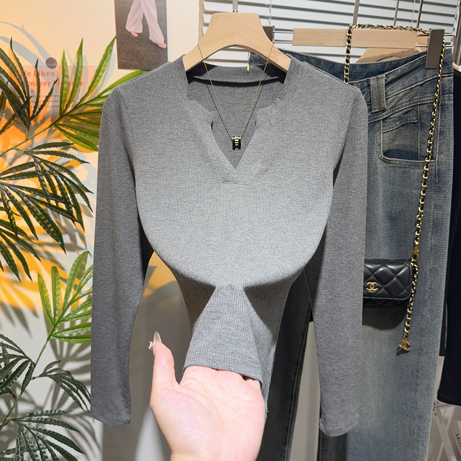 半开襟深V领长袖t恤女新中式春秋修身打底衫高级感气质可外穿上衣