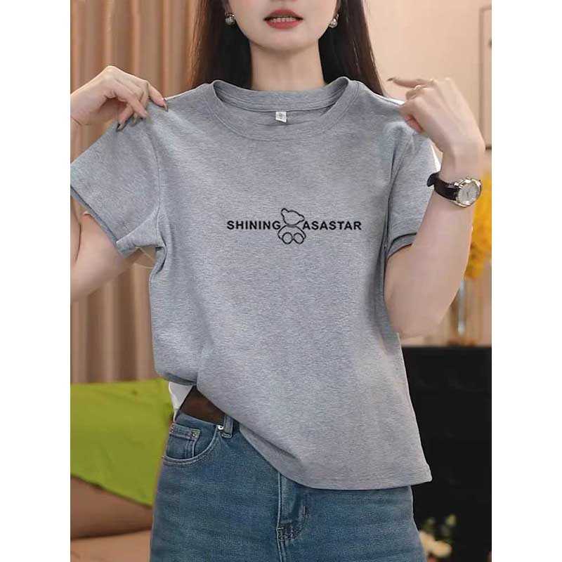 2025正肩圆领小熊印花短袖t恤女时尚百搭休闲圆领上衣打底衫