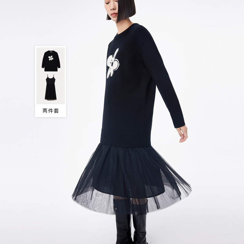 LILY设计感两件套提花绵羊毛针织衫网纱吊带连衣裙123409T7905