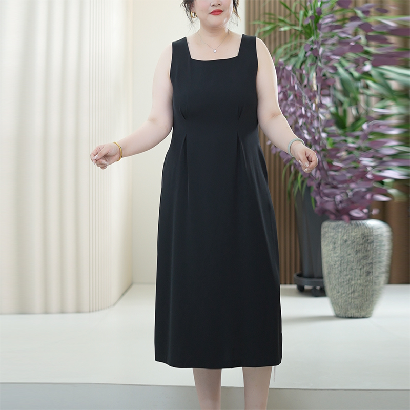 华尔缎腰褶背心裙大码弹力显瘦中长后拉链过膝裙夏季丝滑凉连衣裙