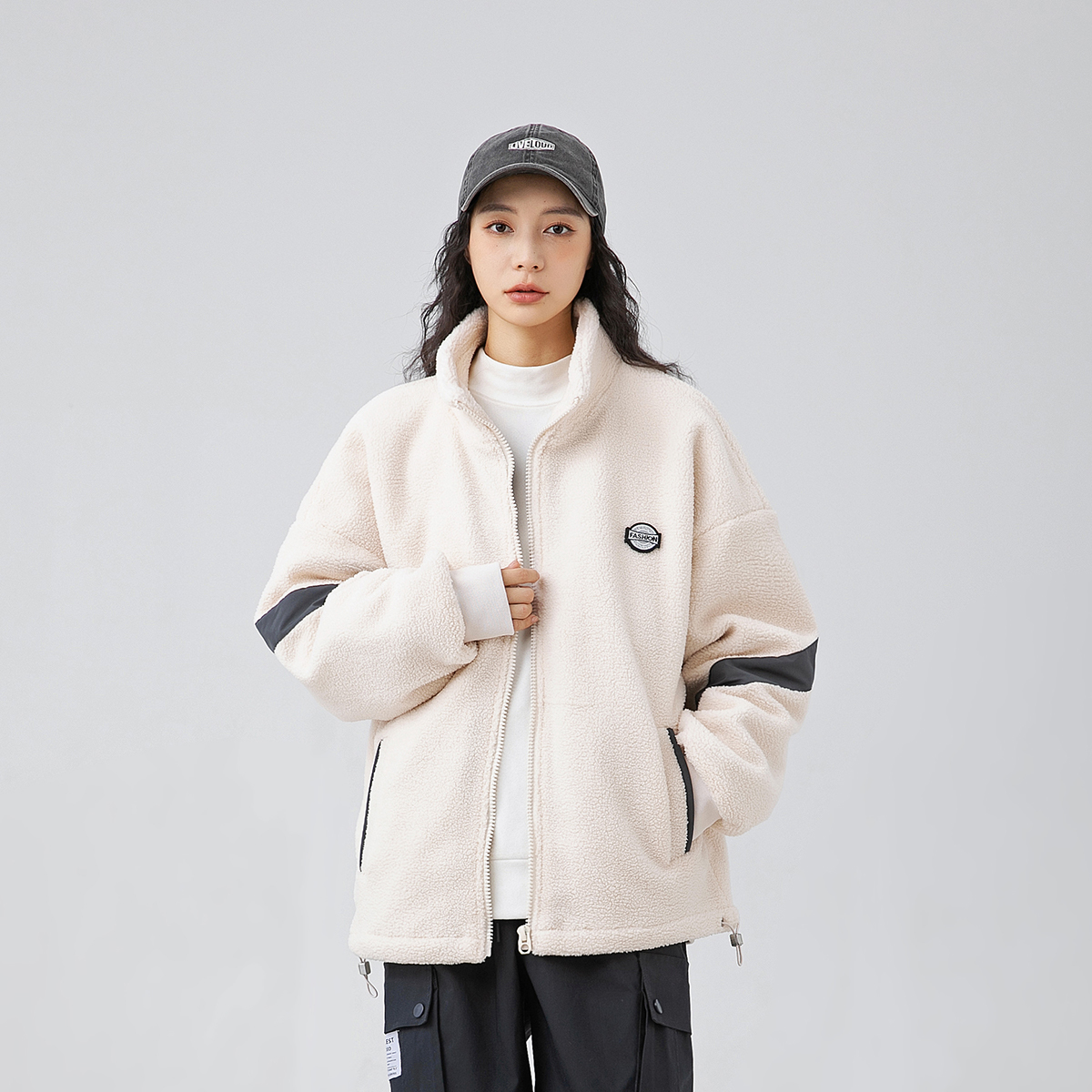 立领直下摆本布下摆保暖棉衣棉服拼接户外潮流加厚