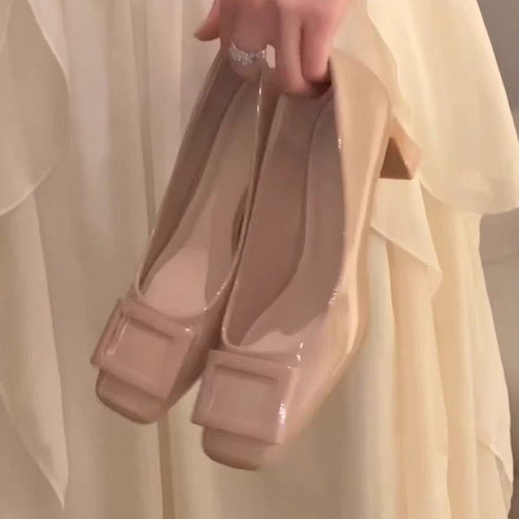 7cm高跟裸粉色单鞋女2025新款春秋经典方扣漆皮浅口百搭气质时尚