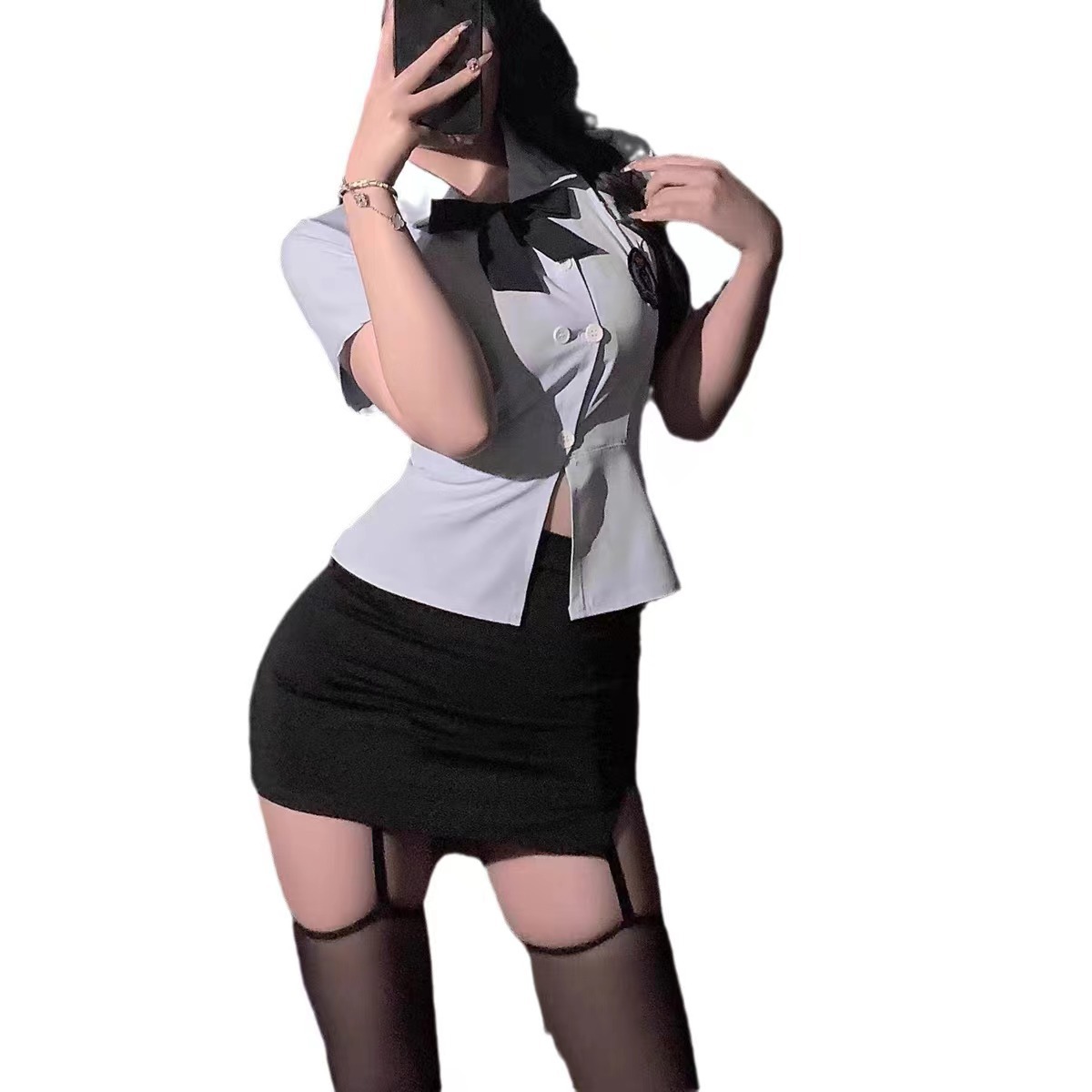 学生紧身制服OL教师小胸气质jk性感黑色修身学院百褶空姐