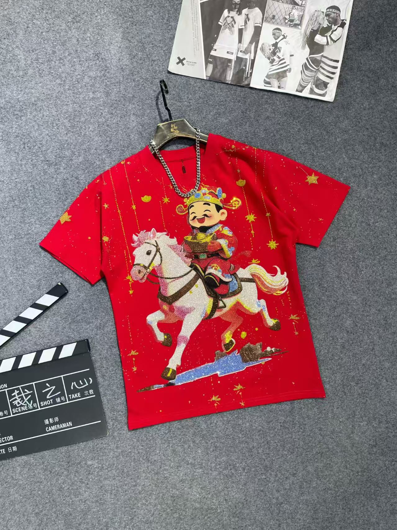 168财神爷马年潮牌烫钻T恤重工情侣百搭时尚圆领短袖星空国潮半袖