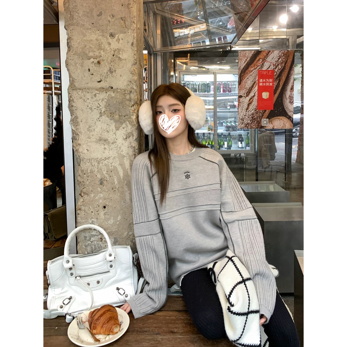 韩系灰色刺绣针织衫毛衣女气质老钱风宽松毛衣#8629