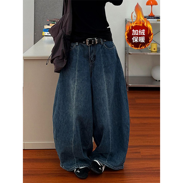 美式复古水洗做旧加绒牛仔裤子女辣妹宽松慵懒松弛感百搭拖地长裤