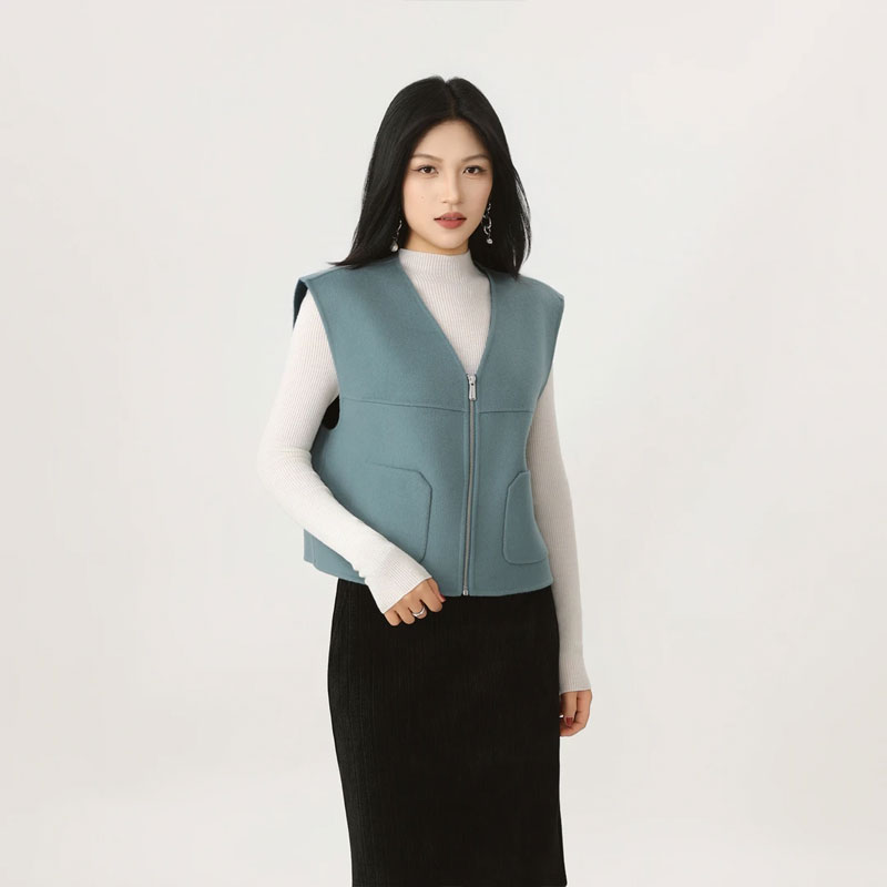 AMASS/阿玛施新款绵羊毛时尚气质短款双面呢V领拉链马甲女 540066