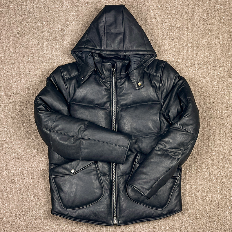 日系冬季男士小牛皮加厚灰鸭绒羽绒服真皮皮衣短款保暖脱卸帽外套