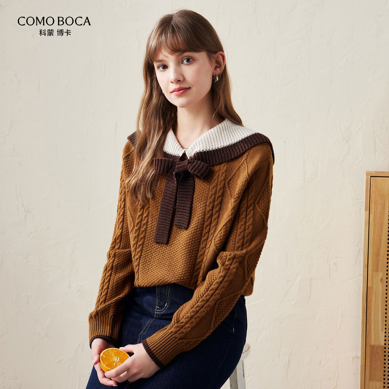 【琥珀流光】100%绵羊毛秋冬厚款海军领针织毛衣女士套头衫KSS1520