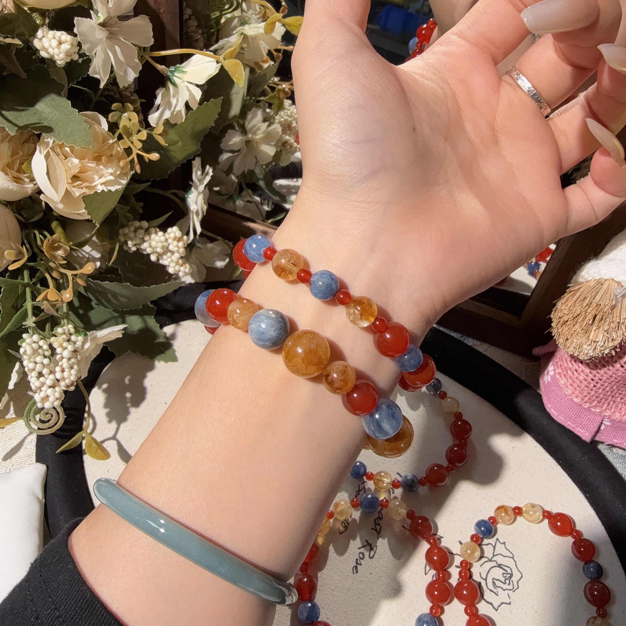 【小敦煌】原创设计天然黄塔晶蓝晶石红玛瑙手串