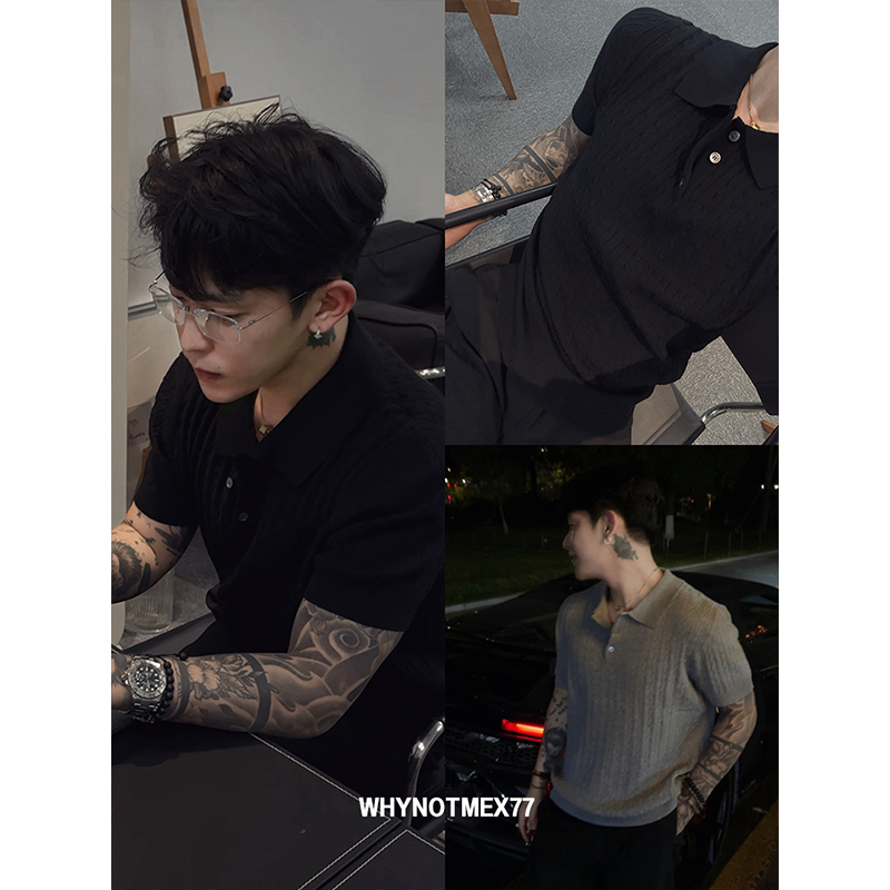 【序77】编织绞花纹理老钱风海鸥领针织polo衫男短袖夏季半袖