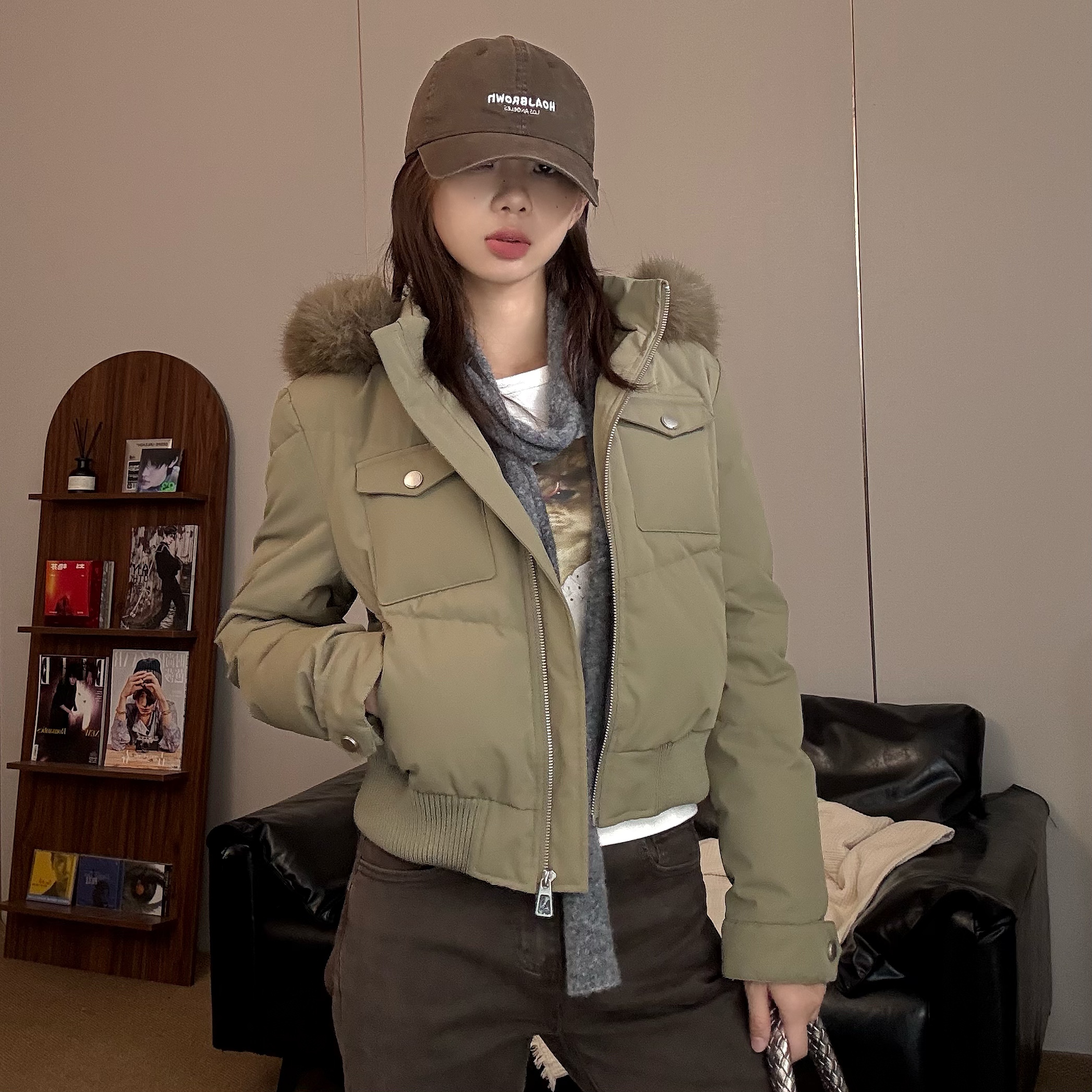 【卡其绿棉服】虎皮卷冬季新款加厚夹棉可拆卸毛领外套女S251022