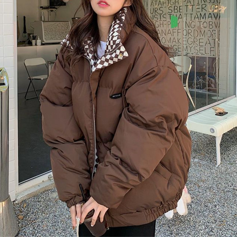 DFS棋盘格ins棉衣外套冬季女冬复古港风加厚宽松面包服原宿棉服潮