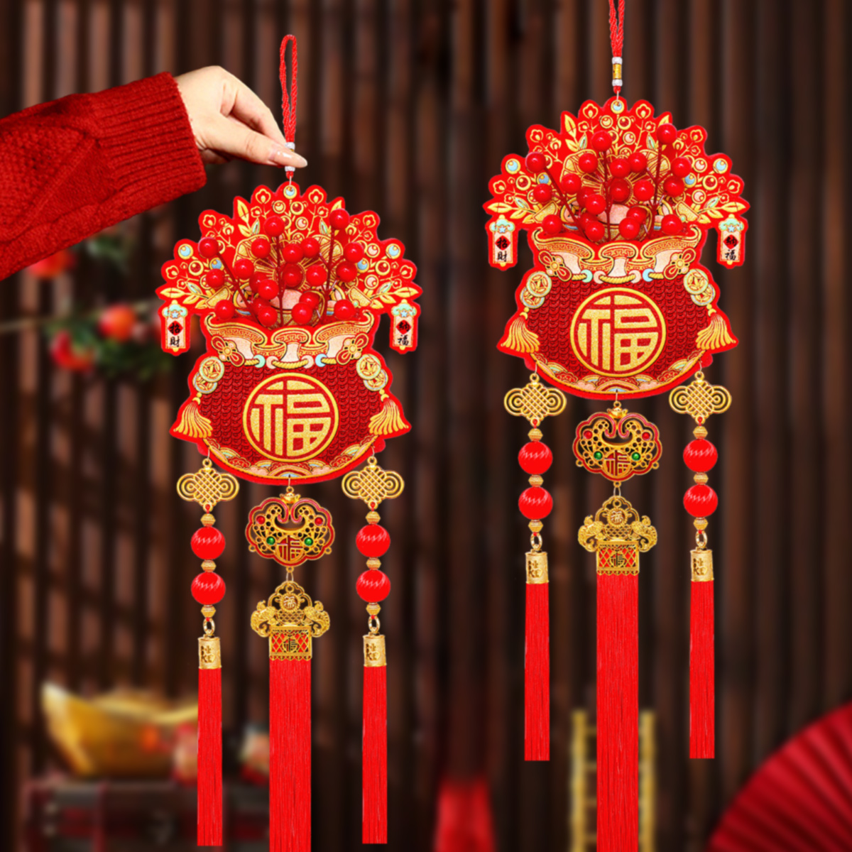 新红果福袋挂饰钱袋福新年福字挂串中式客厅装饰乔迁新居喜庆布置