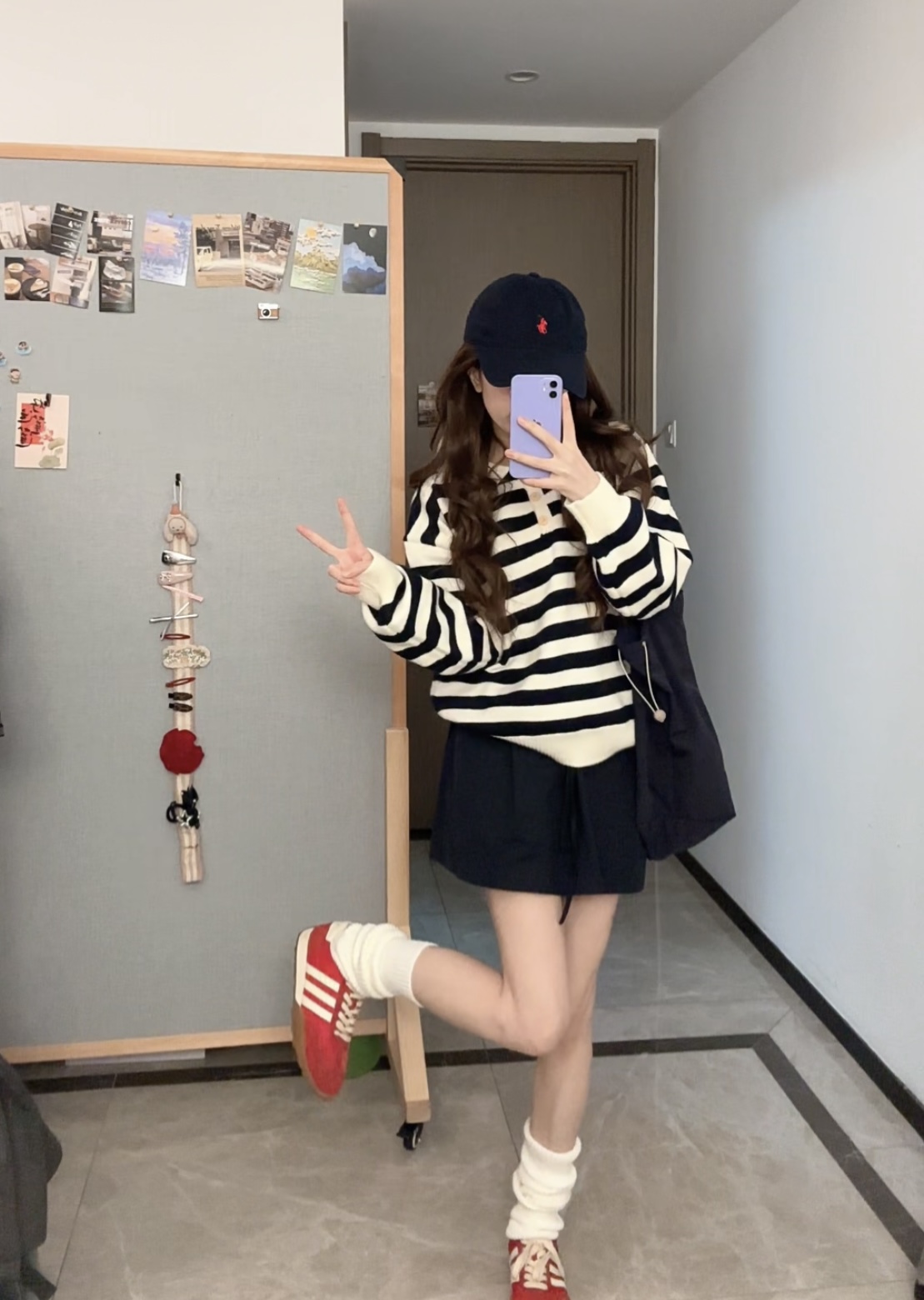 秋冬Polo领条纹圆领宽松减龄针织毛衣