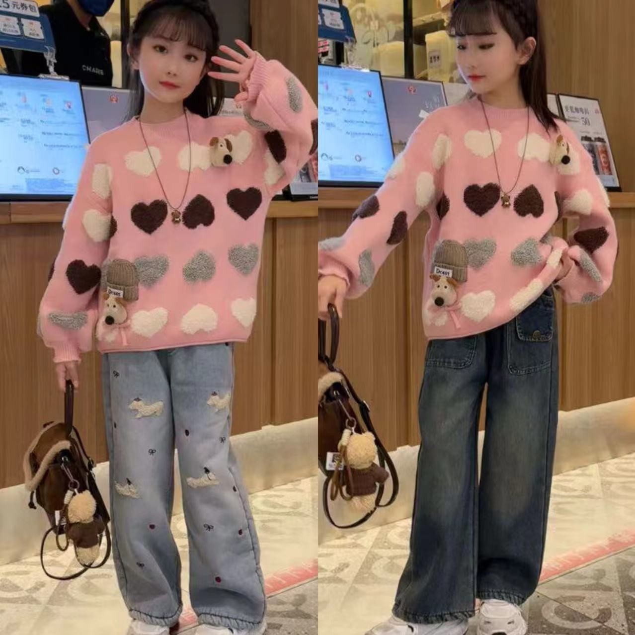 （送运费xian）2025新款加厚毛衣加绒牛仔裤韩版时尚女童套装潮