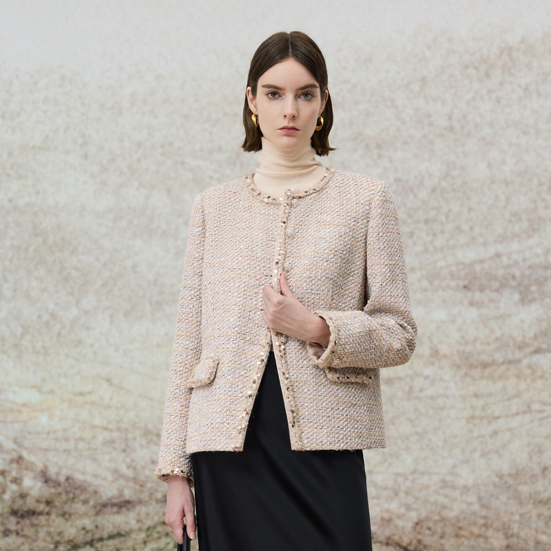 寺山文也 嘉橦/幻彩编织亮片优雅粗花呢圆领小香风短外套女秋冬