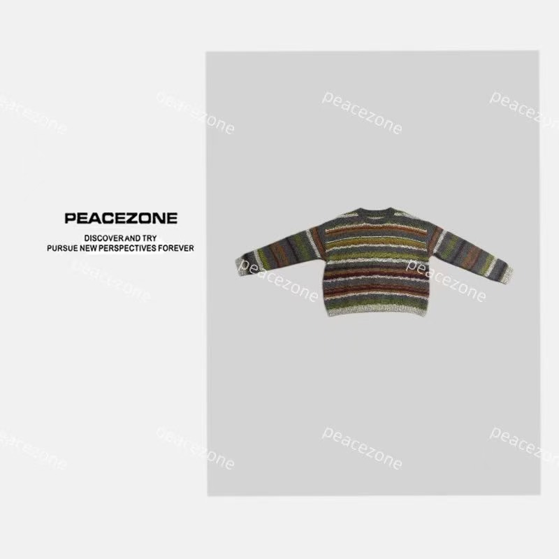 Peacezone 绵羊毛混纺 秋冬新款条纹圆领羊毛毛衣/3223