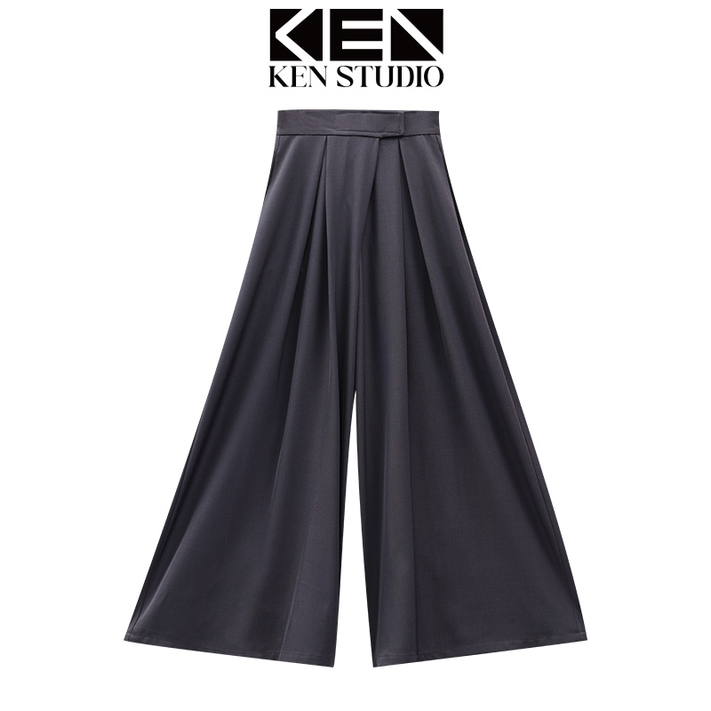 KEN STUDIO春季新款魔术贴灰色西装裤收腰显瘦女阔腿裤拖地裤裤子