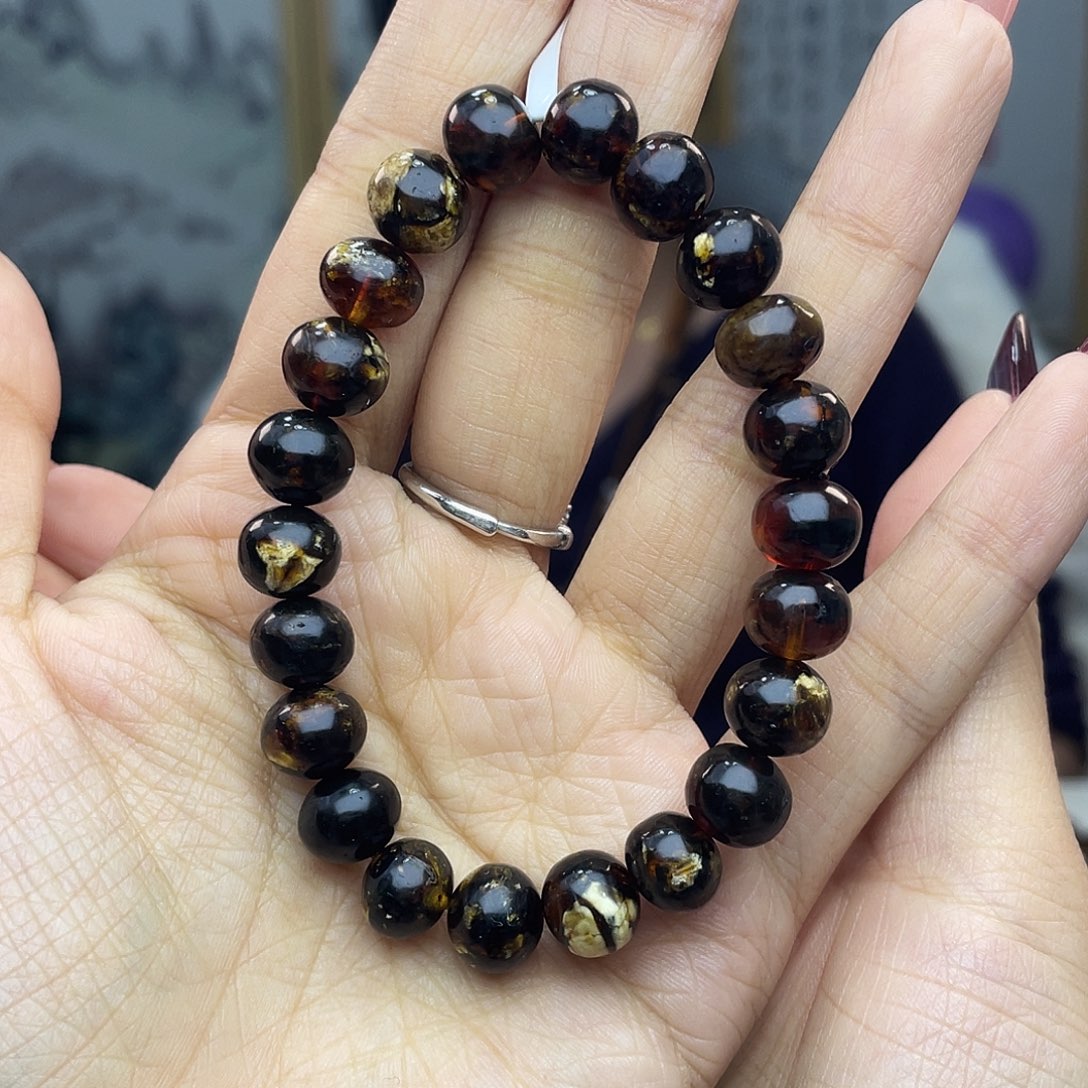 琥珀裸石未镶嵌抚顺琥珀9+黑花手串