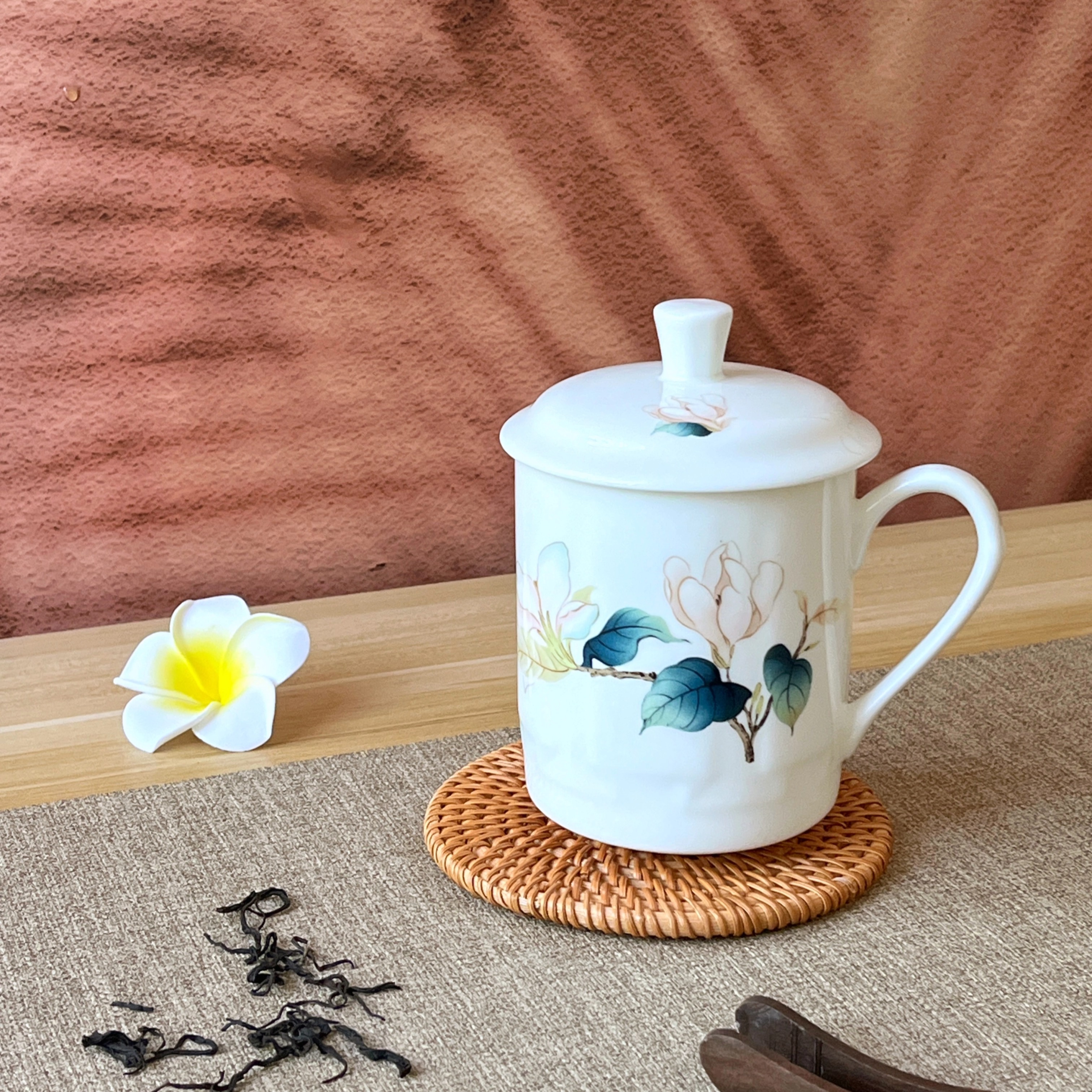 醴陵玉兰词对杯复古陶瓷茶杯高档会议杯家用手绘带盖茶水杯大容量