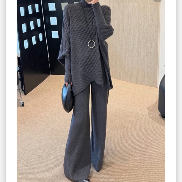 针织宽松秋冬季毛针织衫高领时尚裤子套装#8003