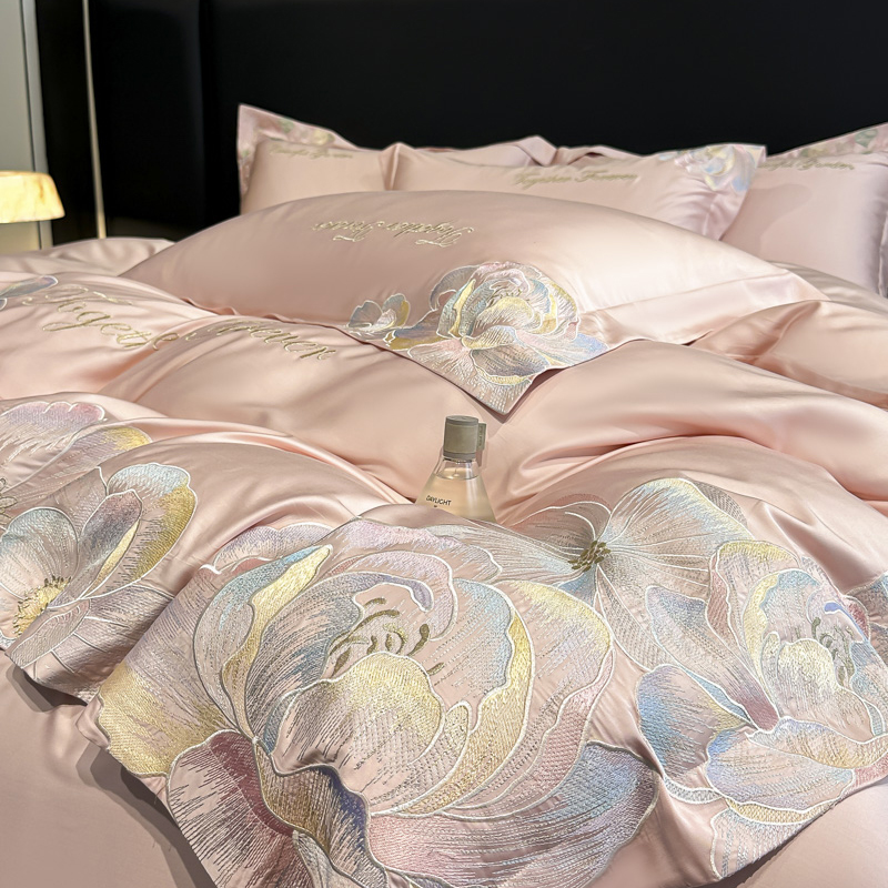 富安娜系列高档轻奢200支纯棉A类刺绣四件套全棉床单被套床上用品