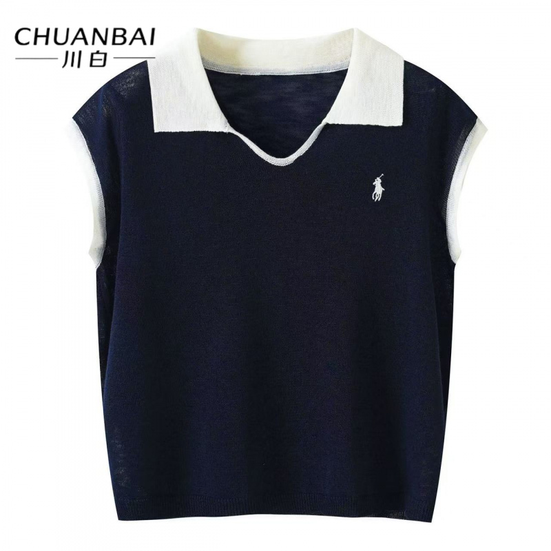 CHUANBAI 川白夏季新款亚麻小马标刺绣翻领针织衫时尚撞色马甲