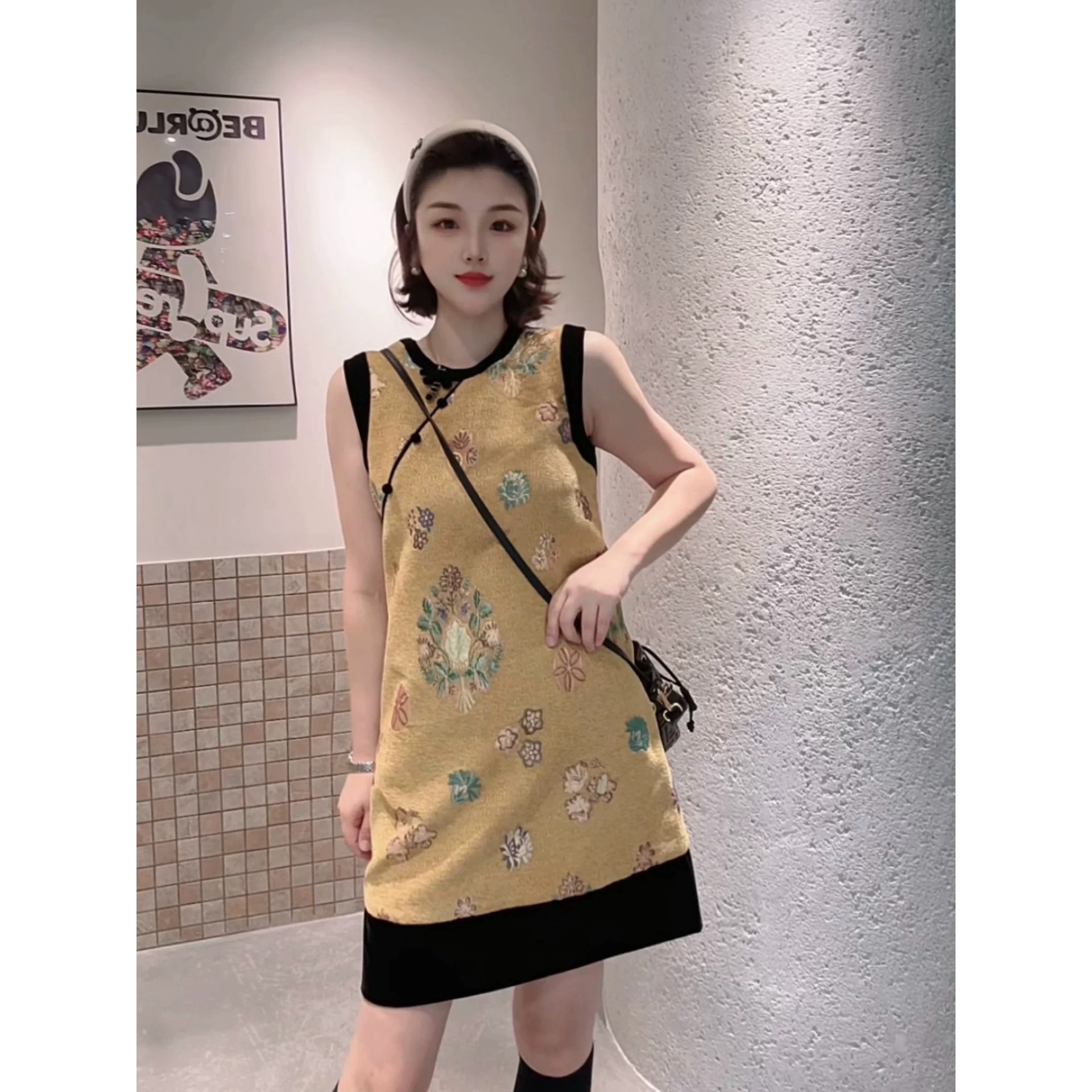 668376新中式提花拼色连衣裙国风气质减龄显瘦改良旗袍裙女