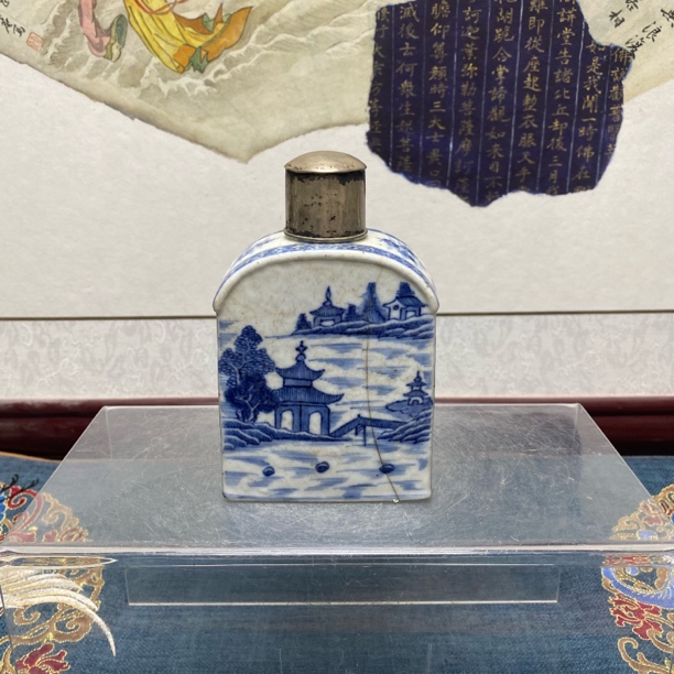 清乾隆青花山水亭台楼阁山水茶叶罐76/古董收藏/KC20250120009