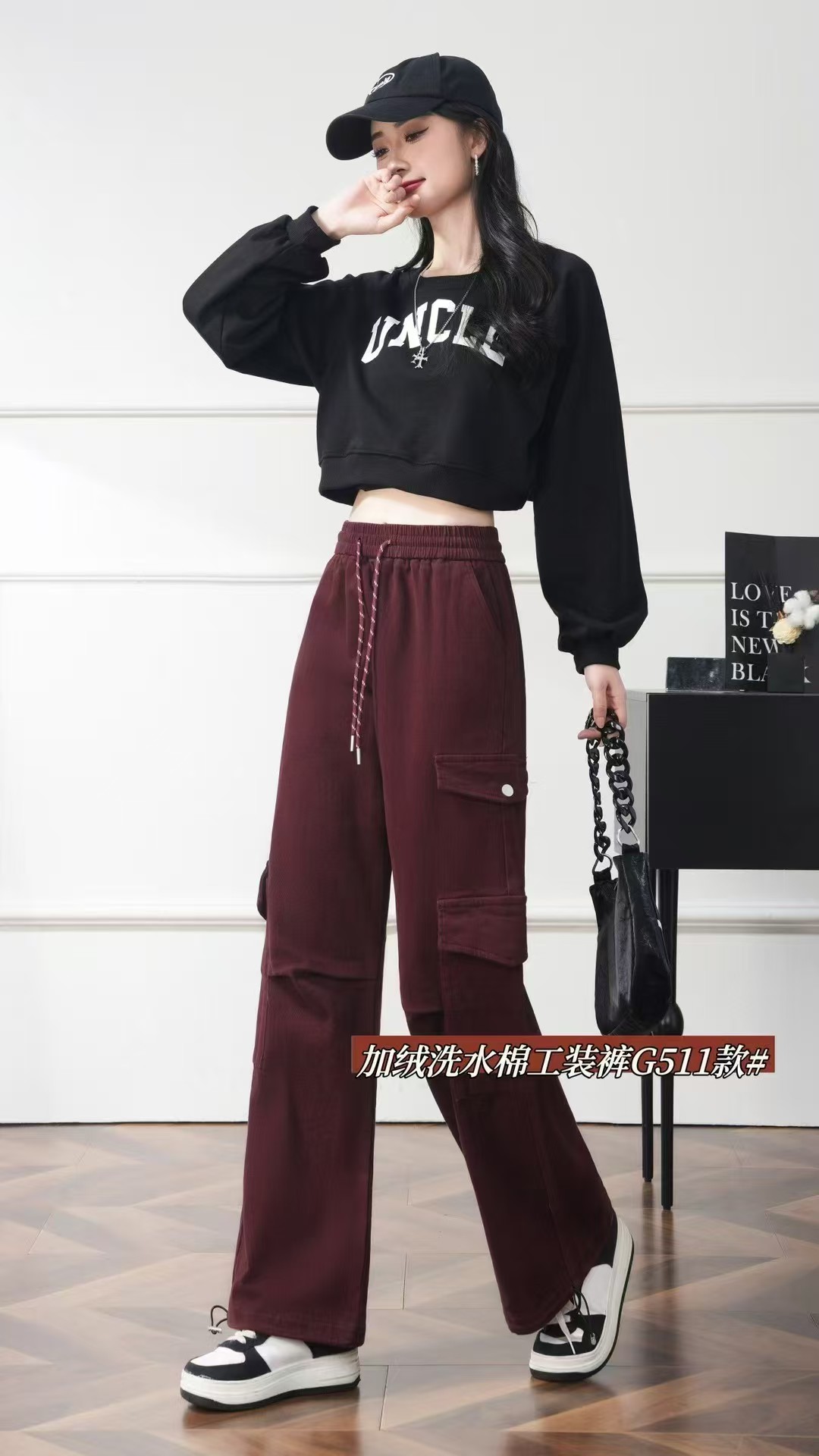 511#秋冬加绒松紧口袋工装裤慵懒显瘦直筒阔腿休休闲裤时尚裤子