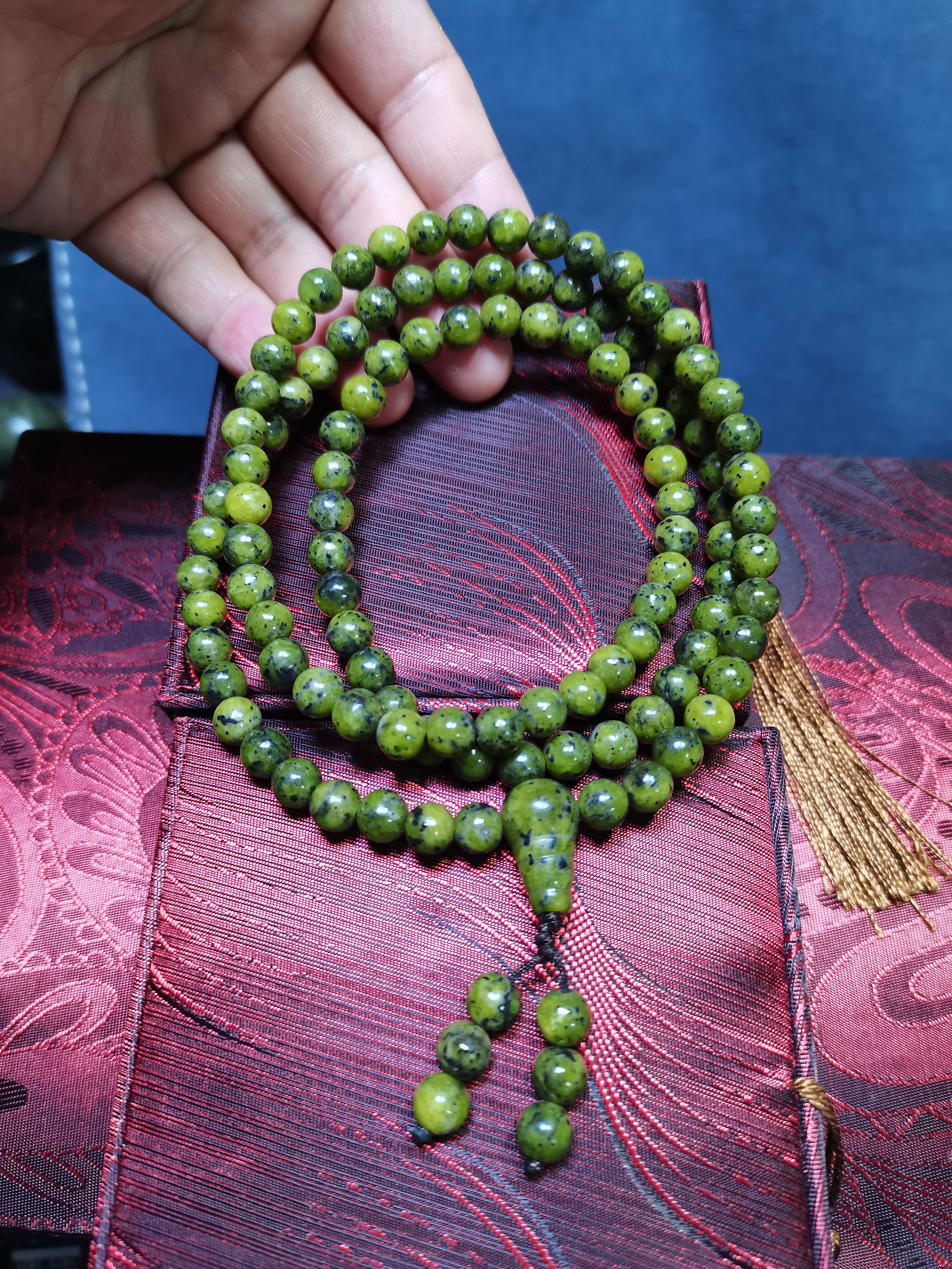 非金属布艺吊坠 藏玉药王石精品黄翠绿卡8佛珠108粒项链
