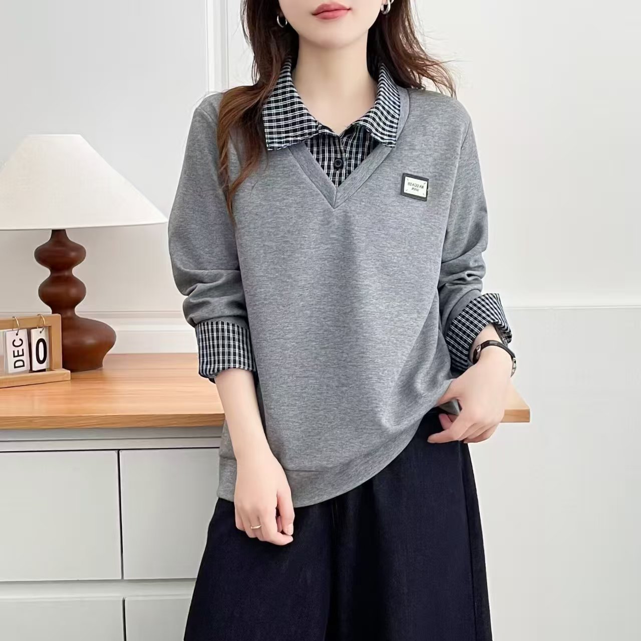 新款显瘦大码春秋长袖百搭假两件拼接休闲宽松翻领上衣959