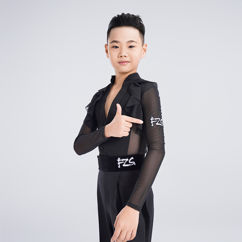 FZS DANCE 2025新款NS042 荷叶边网纱拼接大V领长袖上衣 双色可选