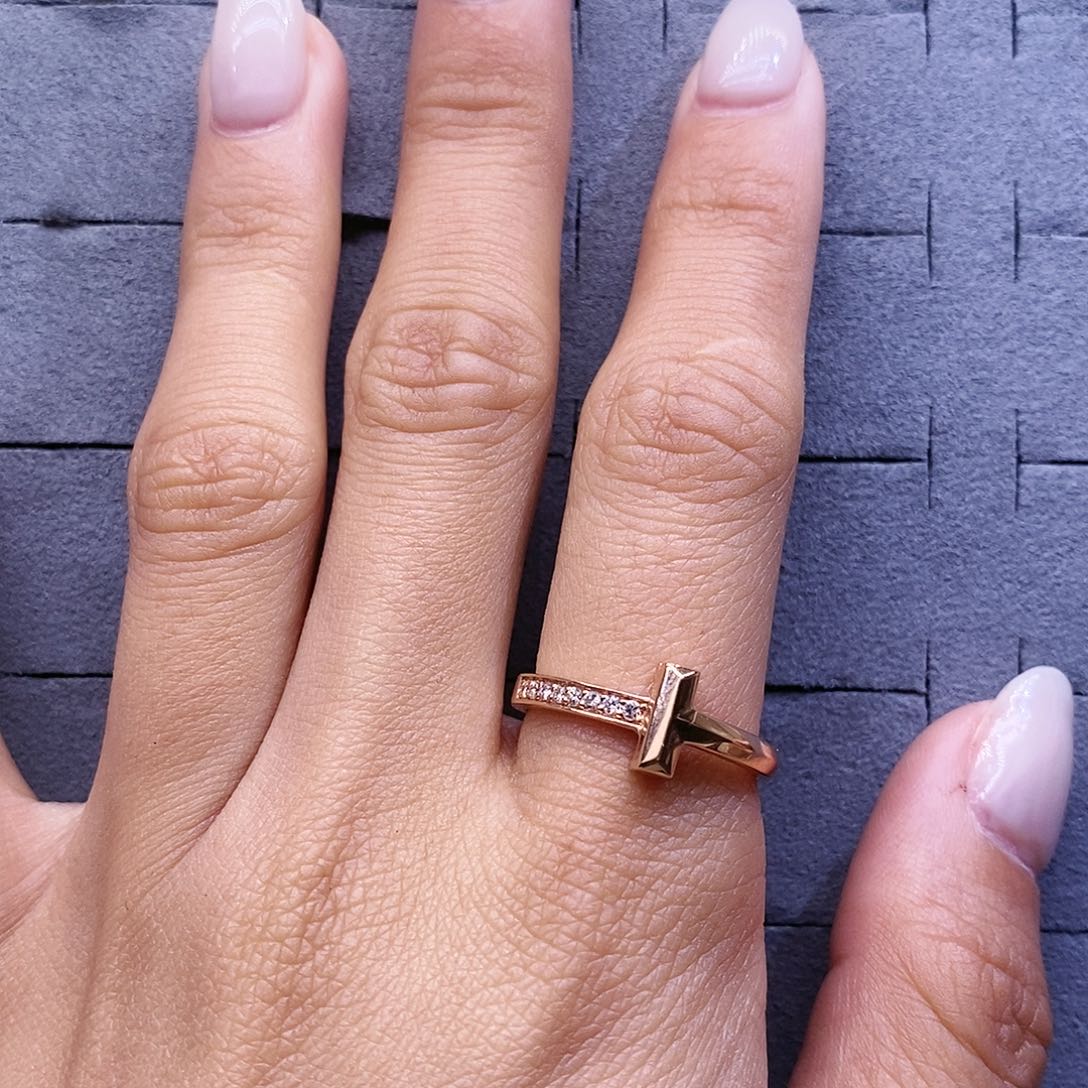 钻石戒指/指环18K金镶嵌T1半钻戒指窄k玫14