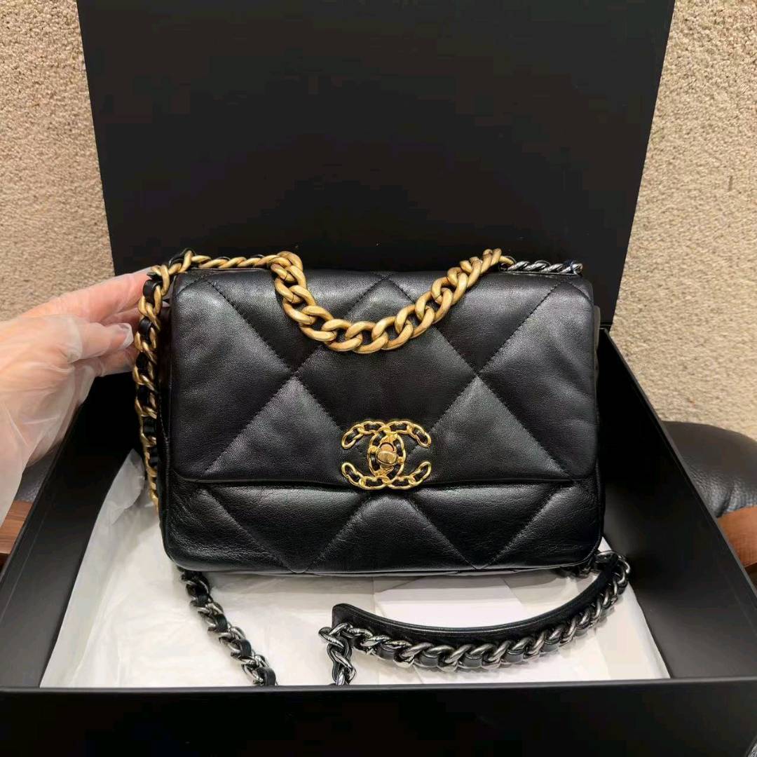 99新 Chanel/香奈儿 19bag黑金小号手提单肩斜挎包 30开