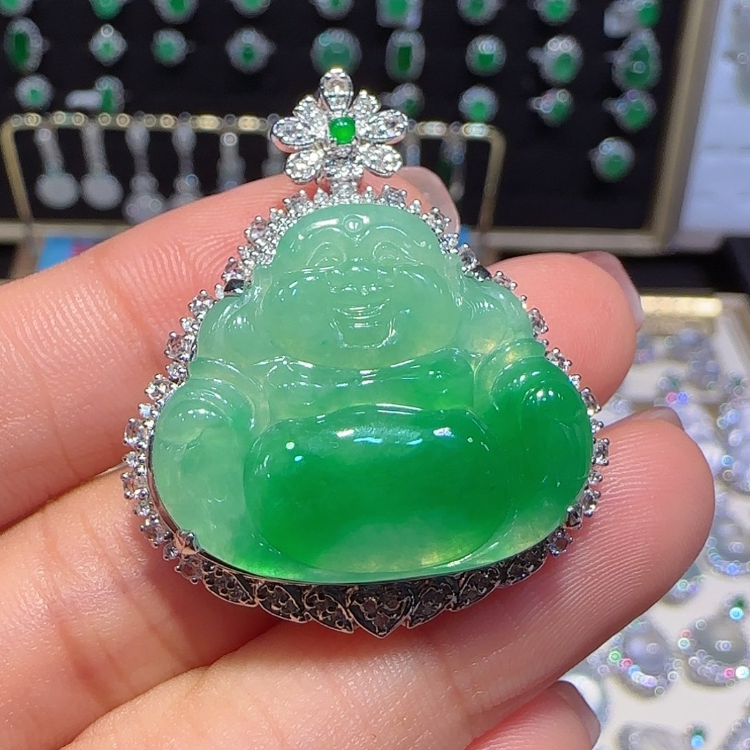 翡翠吊坠(不含链)18K金镶嵌佛公