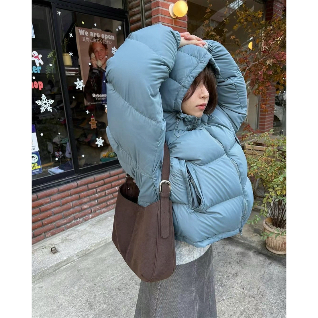 【粉风】韩国设计师款smo*thmood加厚连帽短款duck外套