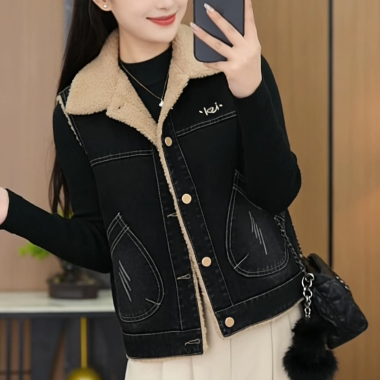 宜美多家  时尚羊羔毛加绒加厚显瘦百搭牛仔马甲9821