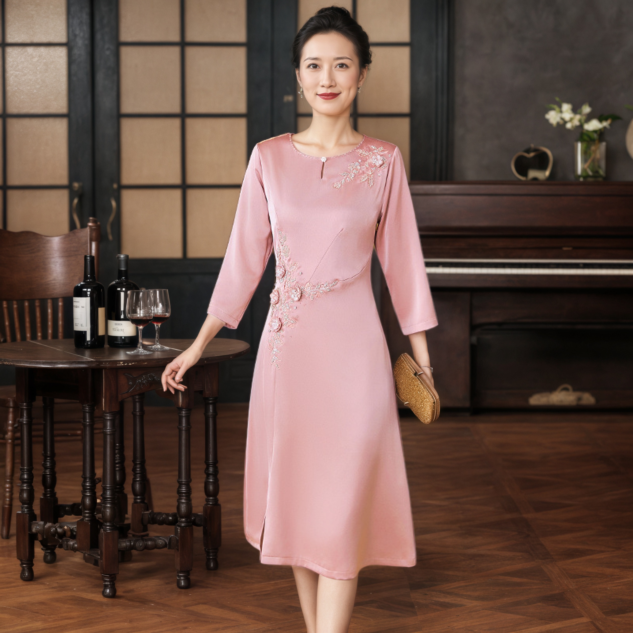 J89年轻时尚妈妈婚宴礼服2025春秋新款结婚喜婆婆高贵连衣裙日常