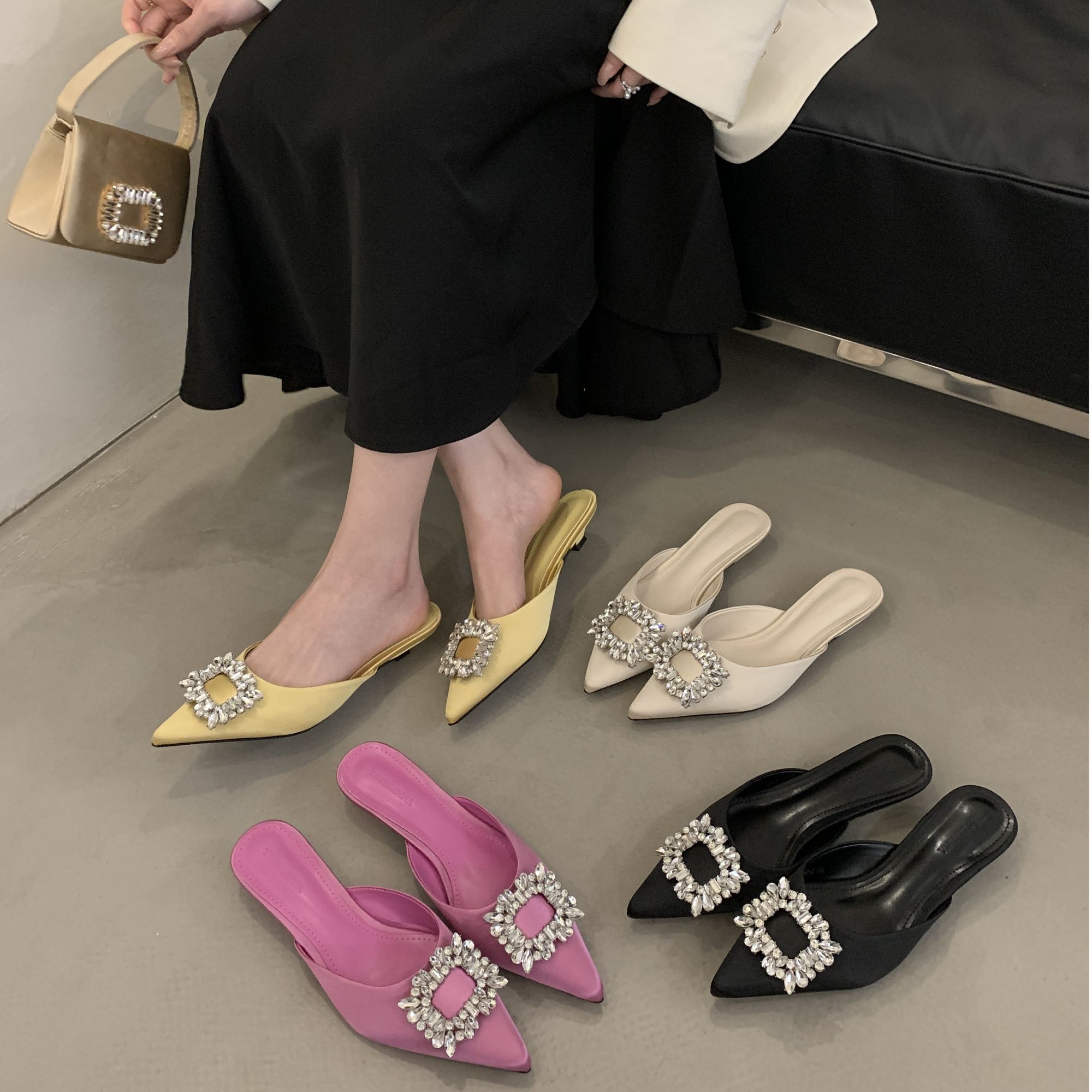 法式性感方扣水钻包头半拖鞋2025春夏新款气质爆款尖头细跟单鞋