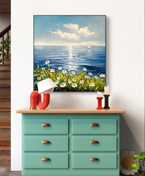 《海上繁花》手绘油画客厅装饰画高级感海浪大海风景餐厅挂画